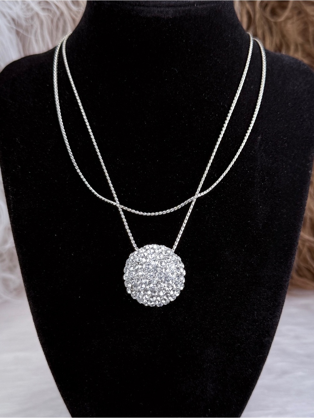 Elegant Silvertone Crystal Ball Pendant Necklace